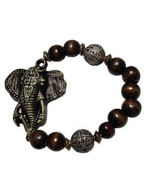 African Inspired Elephant Pendant Bracelet Wooden Metal Beads Statement Jewelry